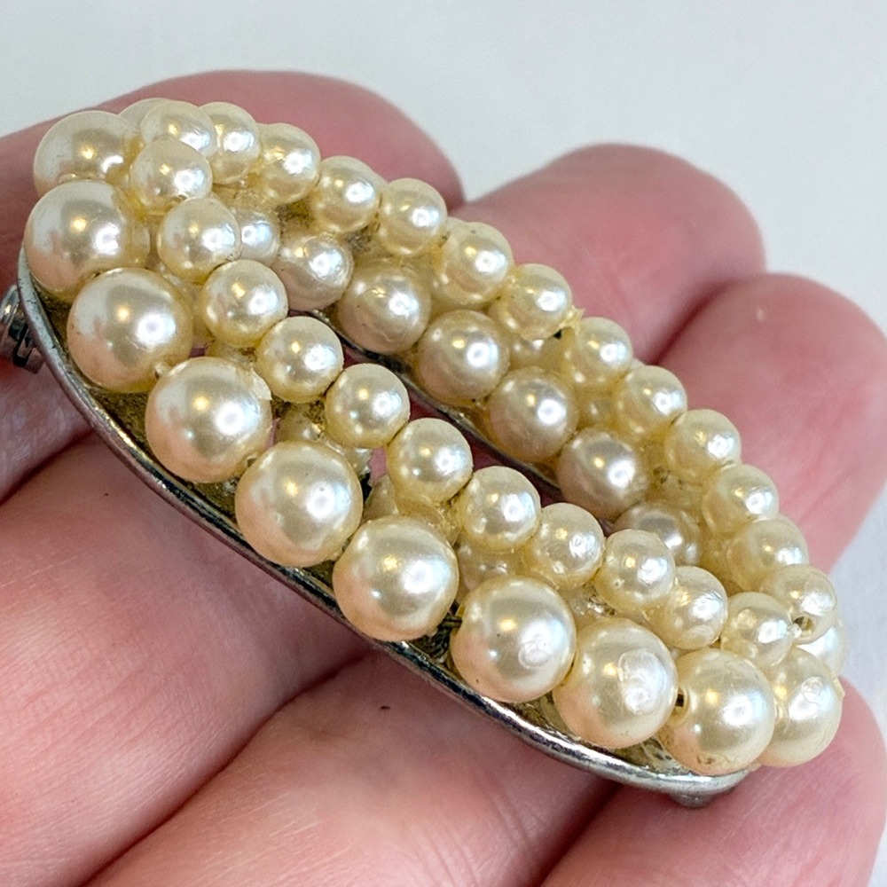 Vintage Faux Pearl Brooch Pin Set Gold Silver Tone Oval Rectangle 2pc Estate - Picture 13 of 13
